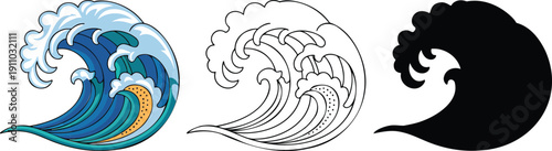 Ocean wave silhouette & Outline and illustration set isolated on transparent background