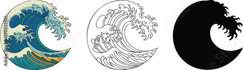 Ocean wave silhouette & Outline and illustration set isolated on transparent background
