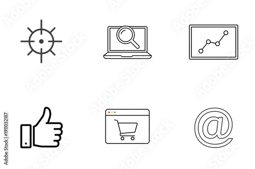 Collection of six minimalist icons representing technology and communication services