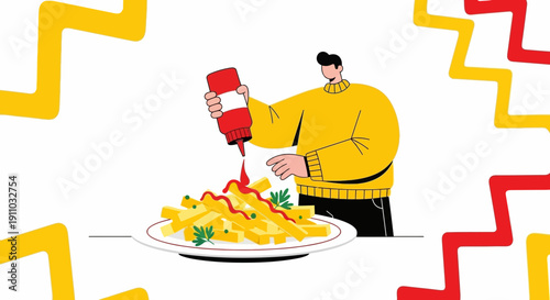 Man Adding Ketchup To French Fries Food Preparation Enjoyment