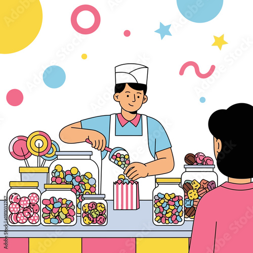 Joyful Sweet Shop Vendor Serving Colorful Candies To Customer