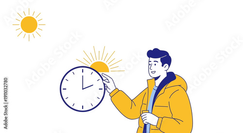 Man Adjusting Clock To Sunrise Time For Daily Routine Planning