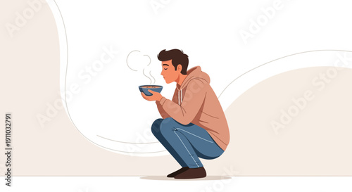 Man Enjoying Aromatic Hot Meal While Crouching Down
