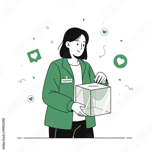 Joyful Volunteer Contributing to Charity Box With Hearts Floating Around