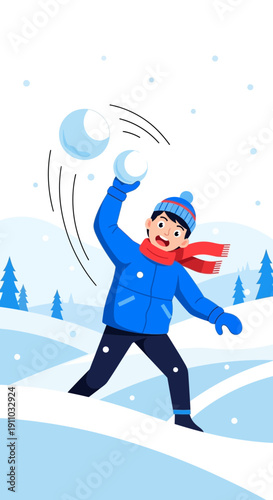 Joyful Winter Activity Boy Hurls Snowballs in Snowy Landscape