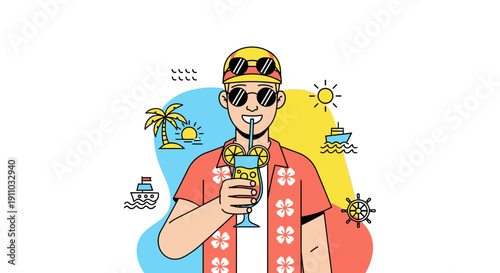 Man Enjoying Tropical Vacation With Refreshing Beverage And Nautical Symbols
