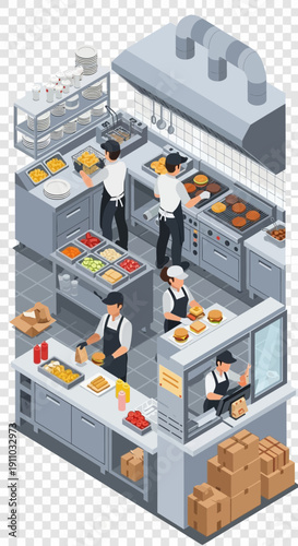 Commercial kitchen with staff preparing food in various stations.