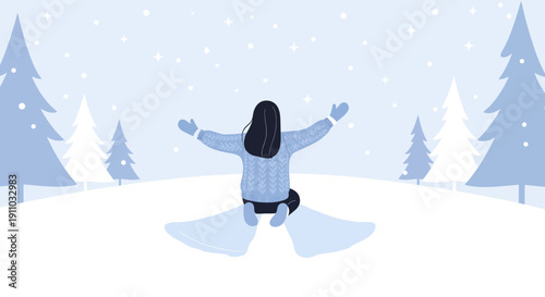 Joyful Winter Scene Of A Person Making Snow Angels Among Pine Trees