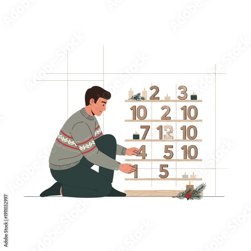 Man Assembling A Unique Countdown Calendar For Holiday Celebration