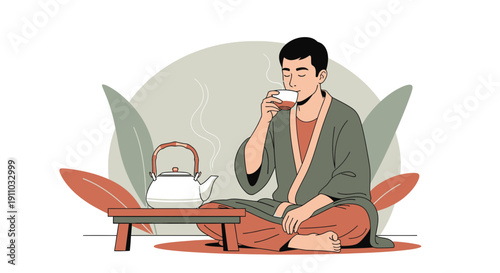 Man Enjoys Tranquil Tea Ceremony Amidst Stylized Foliage