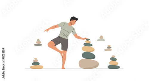 Man Balancing Stones Yoga Pose Meditation Zen Harmony Mindfulness Concept