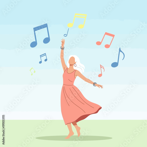 Joyful Woman Dancing Amongst Floating Musical Notes Outdoors