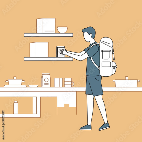 Man Gathering Supplies From Kitchen Shelf For Outdoor Adventure Backpacking Trip Illustration