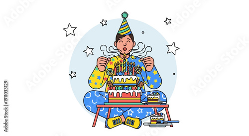 Joyful Person Celebrating Birthday With Festive Cake And Party Hat