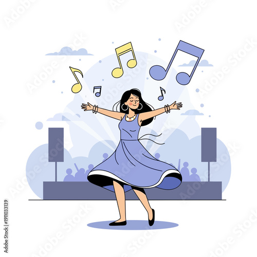 Joyful Woman Dancing Energetically to Music Under Floating Notes
