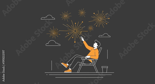 Man Gazing At Fireworks From His Chair