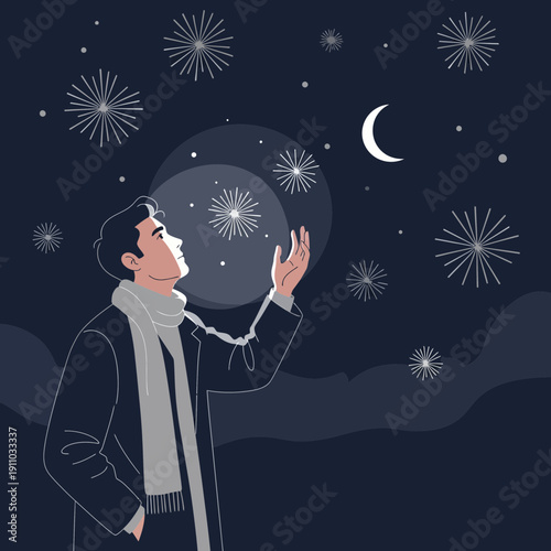 Man Gazing Up At Starry Night Sky With Crescent Moon and Fireworks