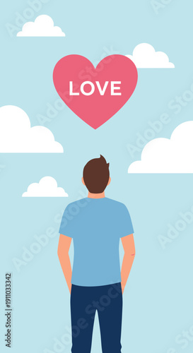 Man Gazing Upward At Large Pink Heart Symbol With Love Text Floating In Sky
