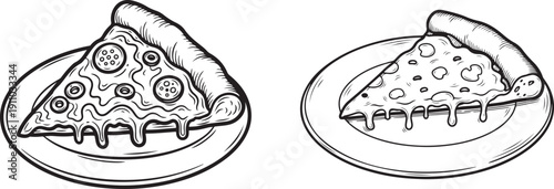 Hand Drawn Pizza Slice with Melting Cheese on Plate – Black and White Vector, Hand-drawn pizza slice with melting cheese and peppers. Vector retro hand drawn illustration.