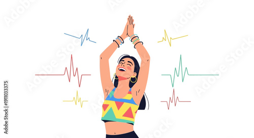Joyful Woman With Upraised Arms Surrounded By Vibrant Heartbeat Lines