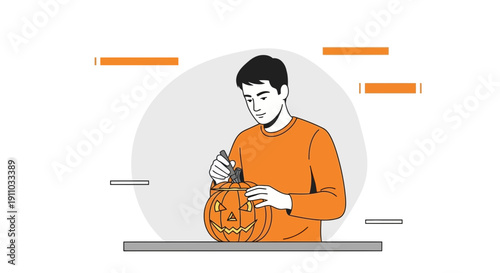 Man Carving A Spooky Jack O Lantern For Halloween Season Celebrations