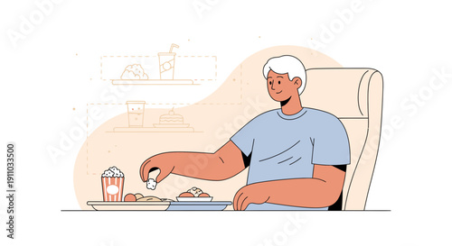 Joyful Young Man Enjoying Snack Time With Popcorn and Drinks Illustration Minimal