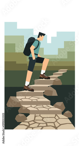 Man Hiking Up Stone Steps Towards Distant Cityscape