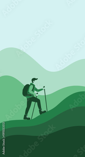 Man Hiking Up Verdant Mountain Peaks Serene Outdoor Adventure Scenic Journey
