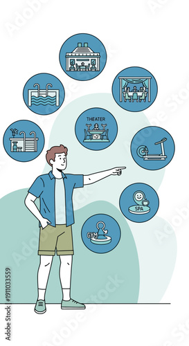 Man Choosing Activities From Various Options Lifestyle Choices Illustrated