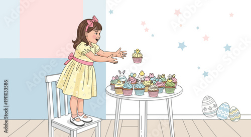 Joyful Youngster Reaching for Festive Cupcakes Celebrates Spring Fun