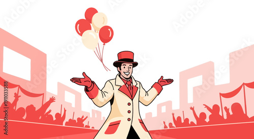Joyful Ringmaster Welcomes Crowd With Balloons And Celebration