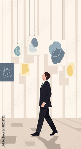 Man Contemplating Modern Art In A Gallery Exhibition Space