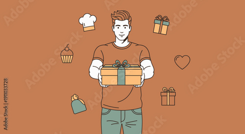 Man Holding Gift Box Surrounded By Festive Icons
