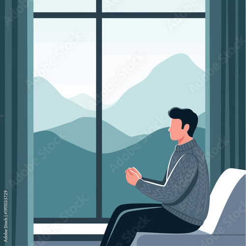 Man Contemplating Mountain Vista From Cozy Interior