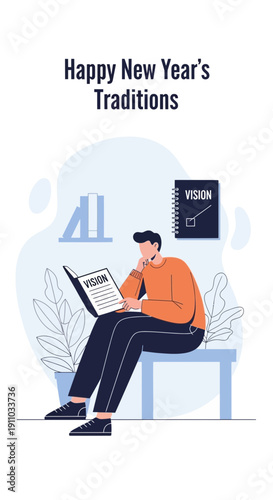 Man Contemplating Future Goals New Year Traditions On Table