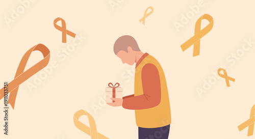 Man Holding Gift Surrounded By Orange Awareness Ribbons