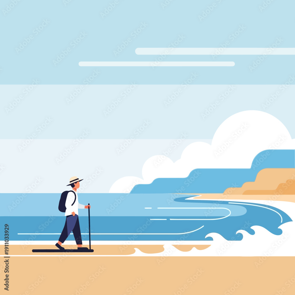 Obraz premium Lone Traveler Walks Along Coastal Path With Scenic Ocean Views
