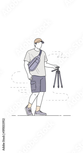 Man Holding Tripod Ready for Photography Adventure Casual Outfit