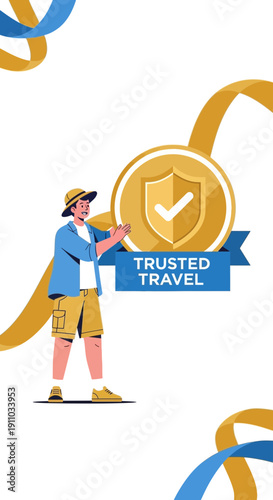 Man Holding Trusted Travel Assurance Shield Icon And Ribbon