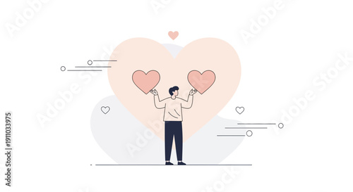 Man Holding Two Hearts Symbolizing Love And Affection