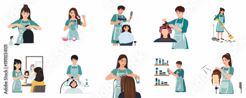 Hair salon services and staff routine collection showing cutting, coloring, washing, drying, and cleaning activities.