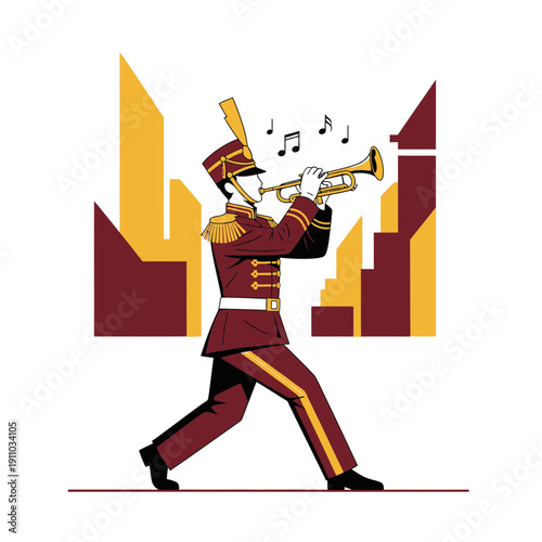 Majestic Brass Musician In Parade Uniform Plays Trumpet Outdoors