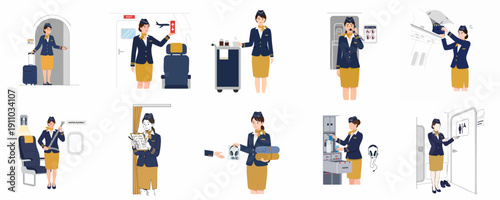 Flight Attendant Duties and Services Collection: Illustration set showing cabin crew greeting, serving, safety, and operational tasks during air travel.