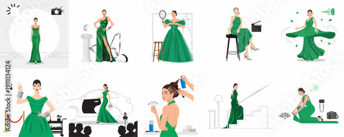 Fashion Icon Storyboard: Elegant Woman in Green Evening Dress Scenes, Including Photoshoots, Red Carpet Arrivals, and Backstage Preparation.