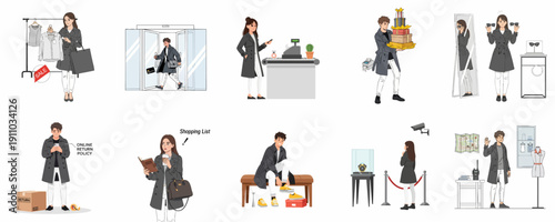 Customer Shopping Journey Illustration Set: Sale, Checkout, Returns, Security, and Trying on Products in a Retail Environment.