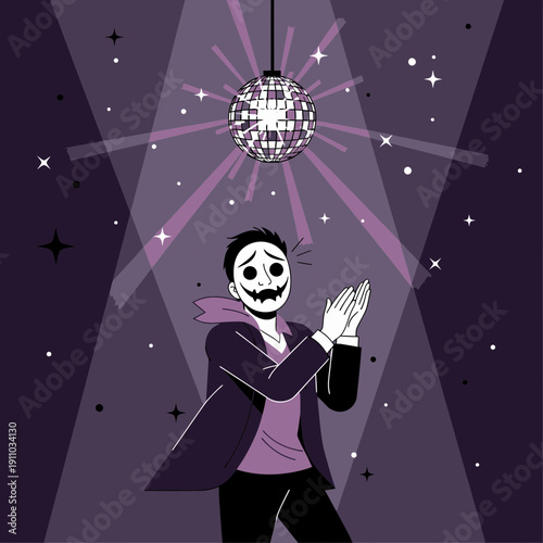 Man In Masquerade Costume Dancing Under Disco Ball Lights
