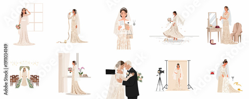 Collection of flat vector illustrations depicting a bride's various emotional and preparatory moments on her wedding day, including getting ready, photography, and ceremony.