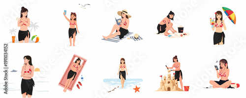 Various illustrations depicting a young woman's summer beach holiday activities, including relaxing, sun safety, digital life, and leisure.