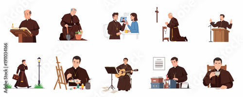 Diverse activities and roles of Catholic priests and clergy, including prayer, worship, gardening, administrative work, counseling, and creative hobbies.