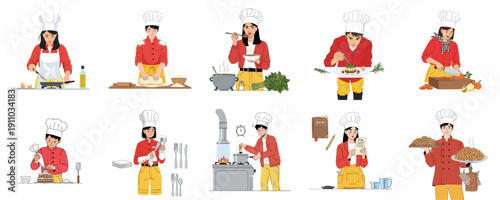 Diverse collection of chefs cooking, baking, prepping food, and managing the kitchen, illustrating professional culinary tasks and food preparation processes.